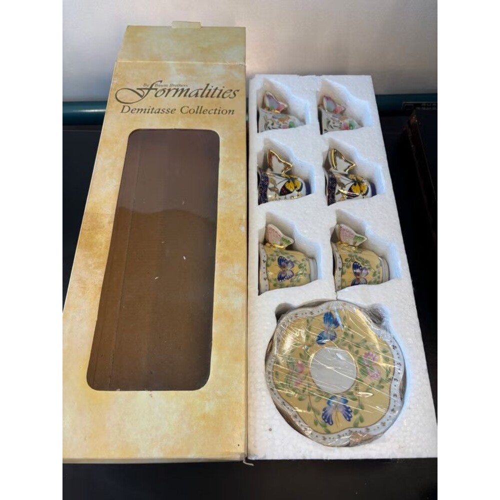 Formalities Demitasse Set 6 Cups Saucers Baum Bros 10K Gold Floral Boxed Vintage